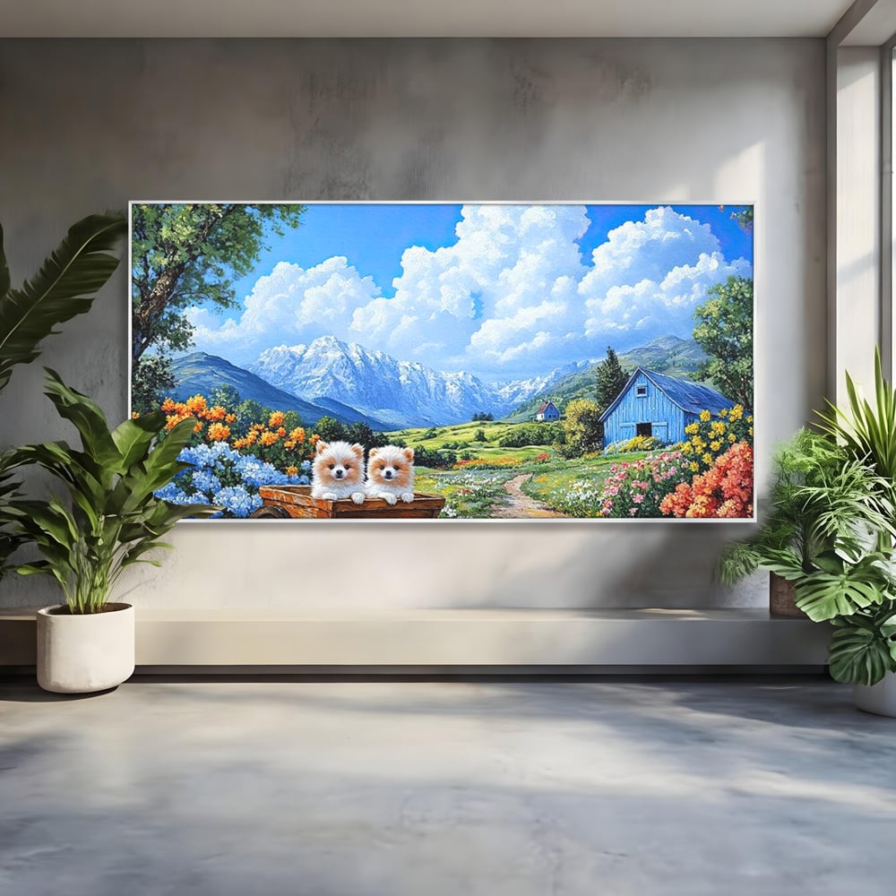 Tablou canvas cu tablou canvas cu catei in caruta si munti, in rama de aluminiu argintiu